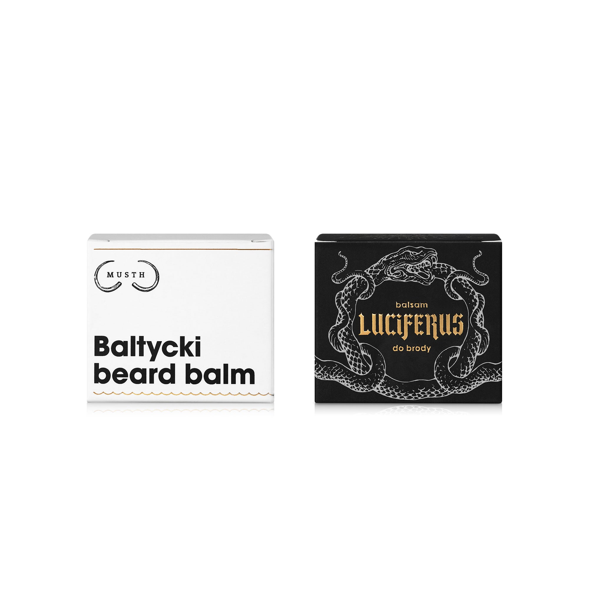 Biały kartonik Baltycki Beard Balm i czarny kartonik Luciferus balsam do brody