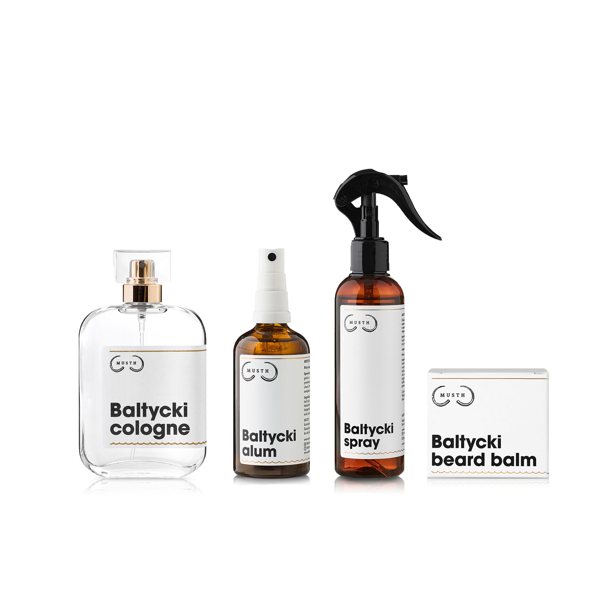 Butelka Baltyckiego Sprayu, Butelka Baltyckiego Alumy i kartonik Baltyckiego Balsamu do Brody, butelka Baltycki Cologne