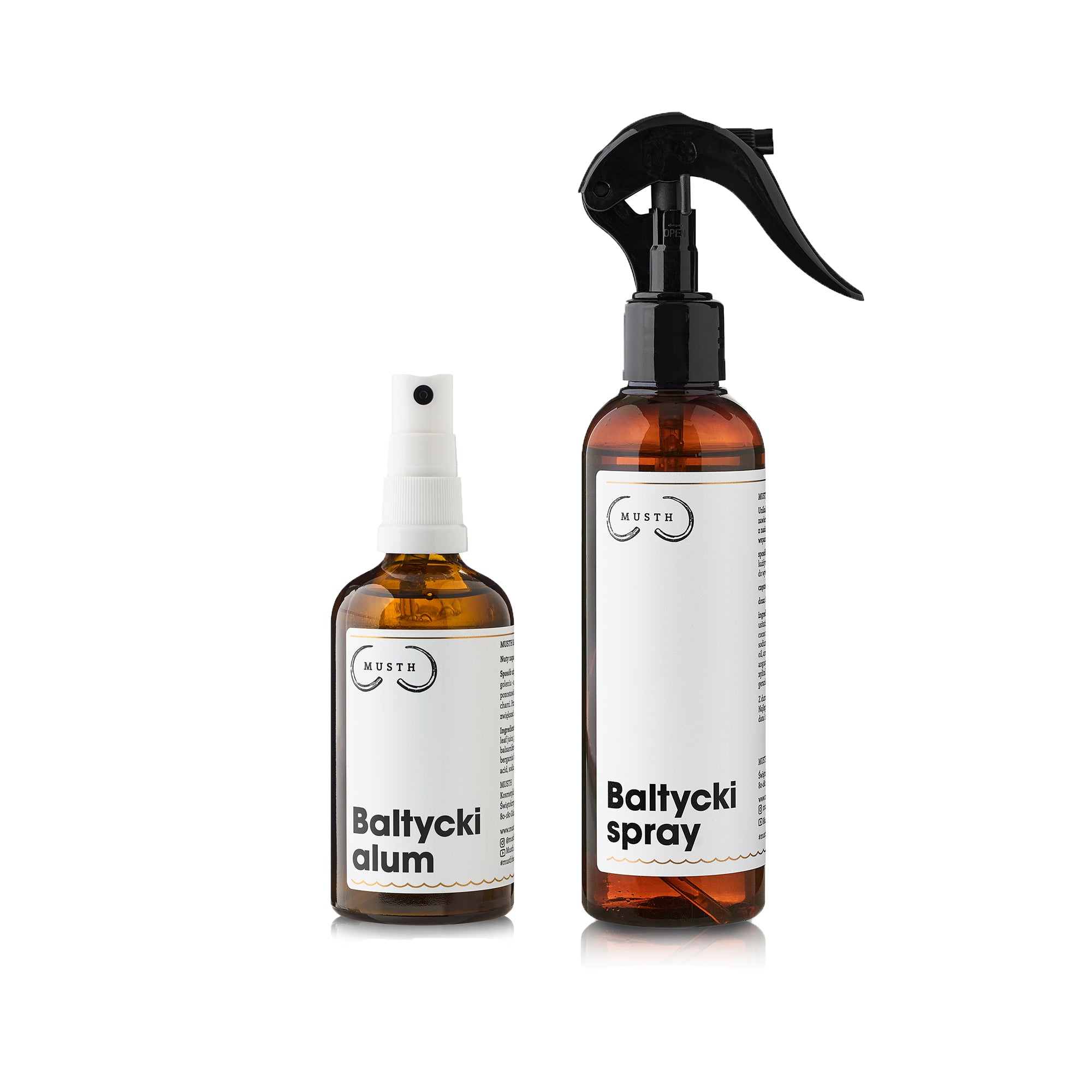 Zestaw kosmetyków Musth: Bałtycki alum aftershave i spray do włosów, butelki z atomizerem