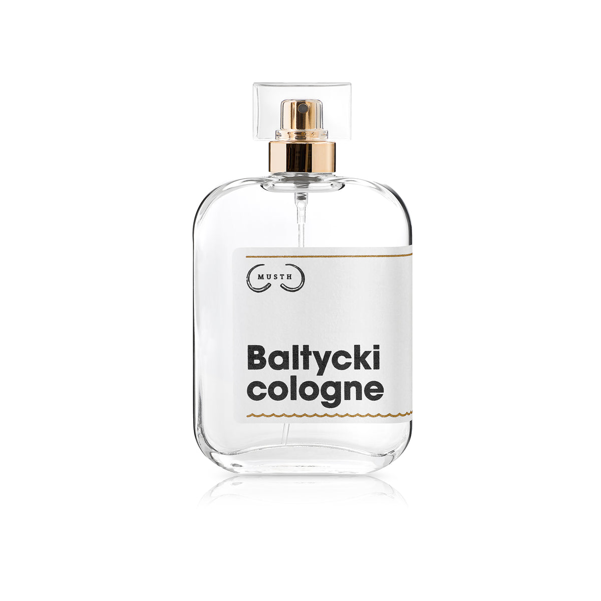 Szklana butelka perfum Bałtycki Cologne od Musth, 100 ml, ze złotym atomizerem